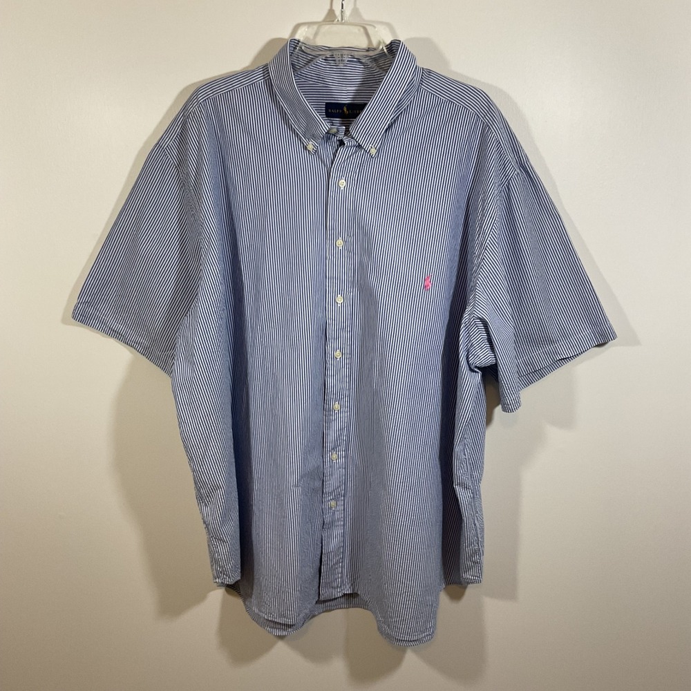 Ralph Lauren Men 3XB Big Seersucker Shirt Blue White Stripe Short Sleeve Pony